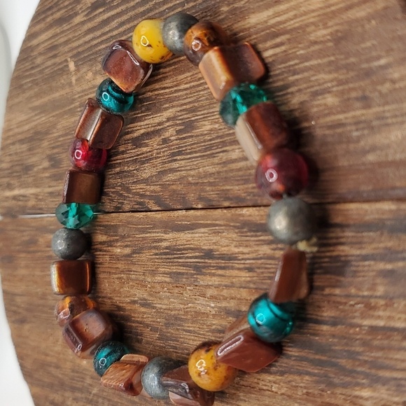 B2229 mixed amber and precious stone gloss beaded stretch bracelet - Picture 1 of 2